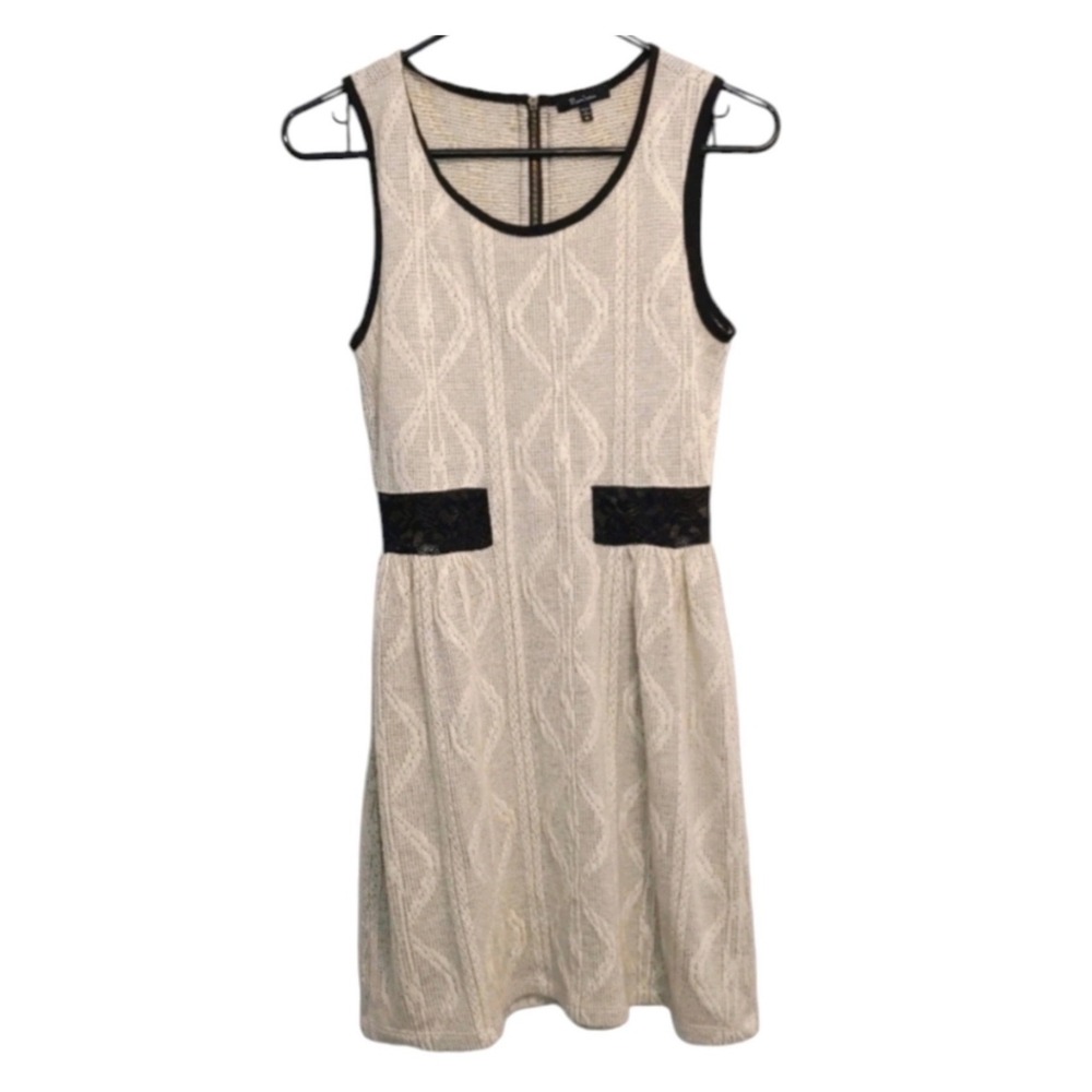 Manteau Women Cream Knit Sheer Lace Trim Sleeveless Fit Flare Mini Dress M Beach